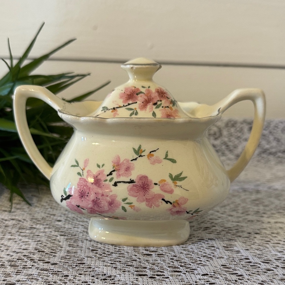White Covered Sugar Jar Container with Cherry Blossoms Vintage W. S. George Lido